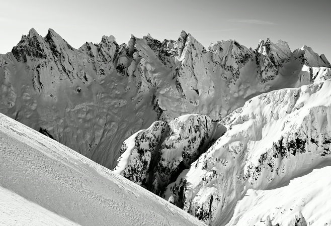  A mid-winter view of the Southern Pickets from high on Mount Fury in the Picket Range, North Cascades National Park. 