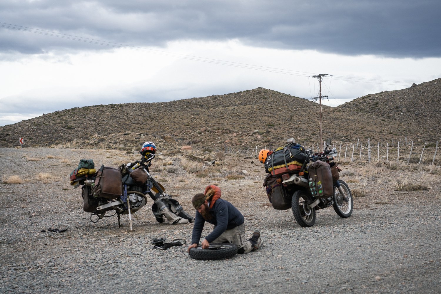 Fixing a flat tire on the Pan American Trail