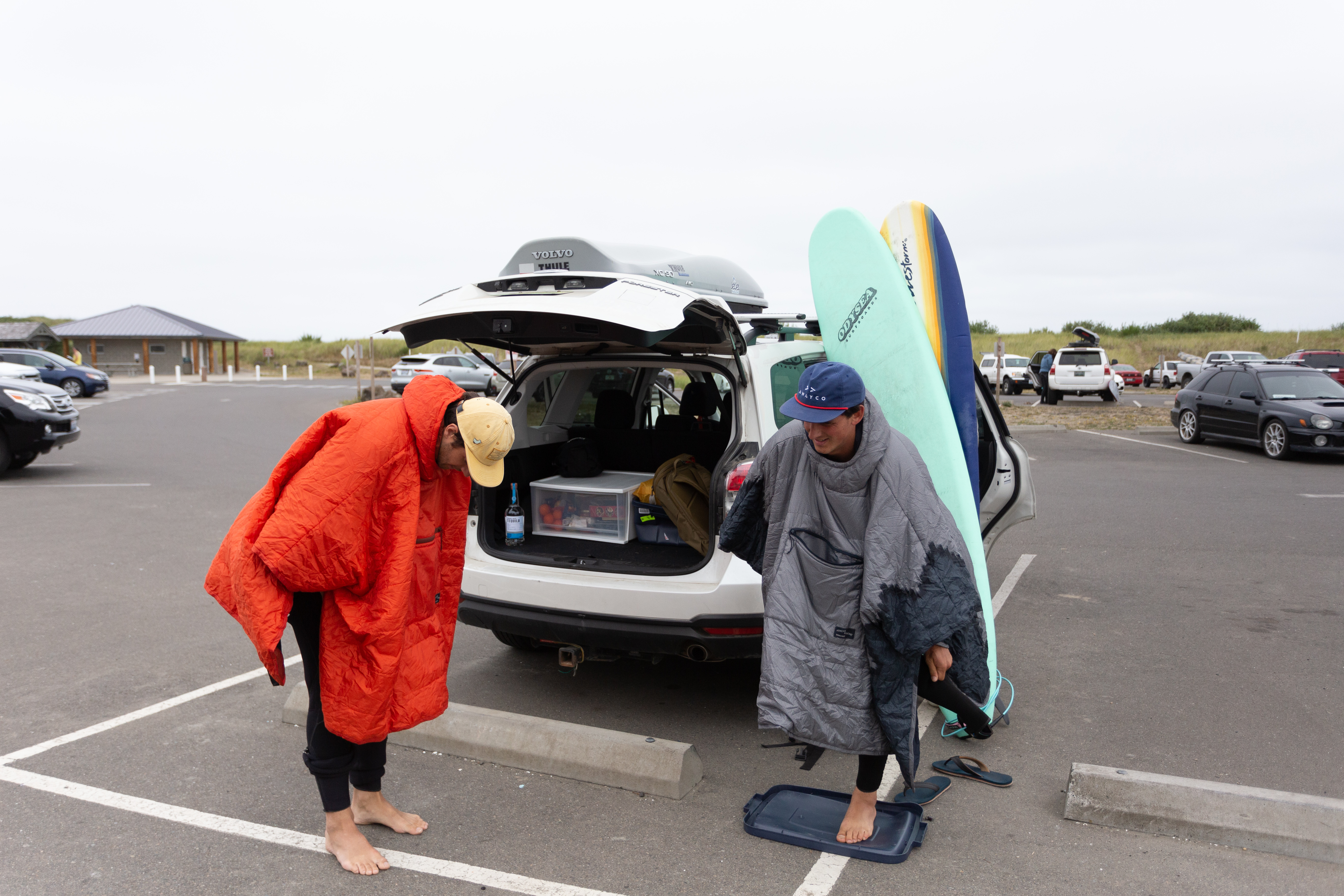 Changing into wetsuit with a honcho poncho